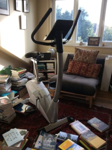 Amid book writing squalor, my bicycle, music and chair for reading - with natural light